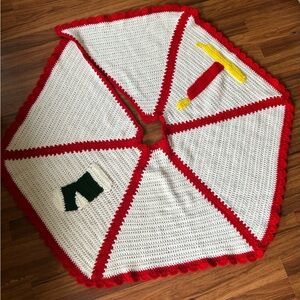 Vintage crocheted Christmas tree skirt handmade reversible red white